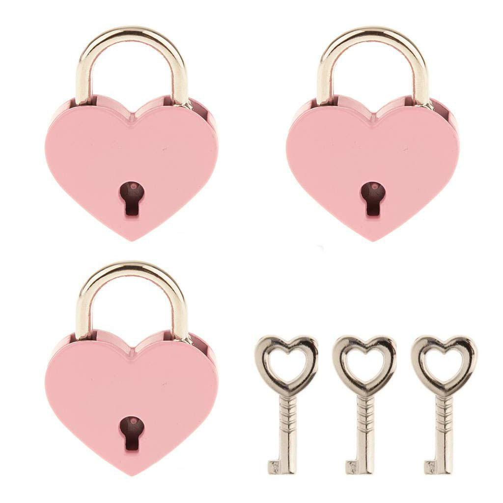 Small Metal Heart Shaped Padlock ,Mini Lock with Key for Jewelry Storage Box Diary Book, Pink 3 Pcs